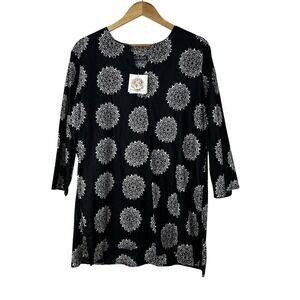 KikiSol Resort Tunic Top Women's XXL Black White Medallion Print Cruise Cotton